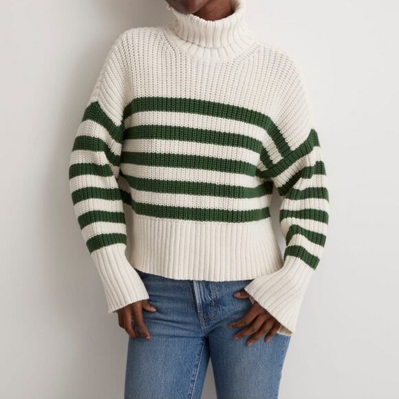 Madewell Sweaters - Madewell Wide Rib Turtleneck Sweater Varsity Green Stripe XL Fall Winter Warm